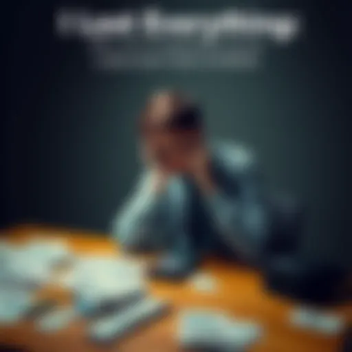 A person sitting alone at a table with bills and a calculator, showing signs of stress and frustration, representing financial loss and emotional turmoil.