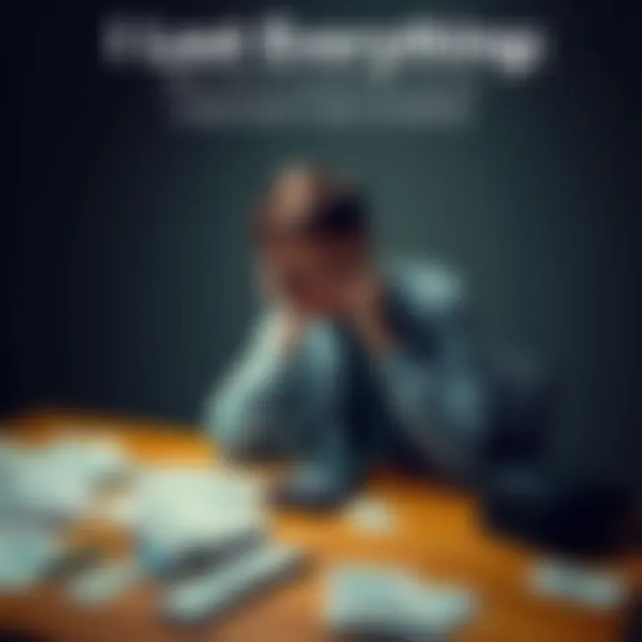 Emotional Struggle After Financial Loss A person sitting alone at a table with bills and a calculator, showing signs of stress and frustration, representing financial loss and emotional turmoil.