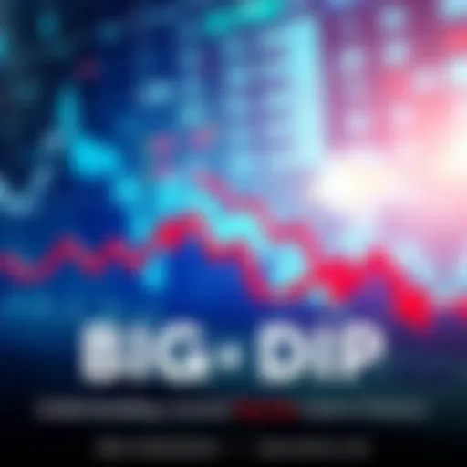 A graph showing a steep decline in stock prices with red downward arrows, symbolizing a big dip in finance.