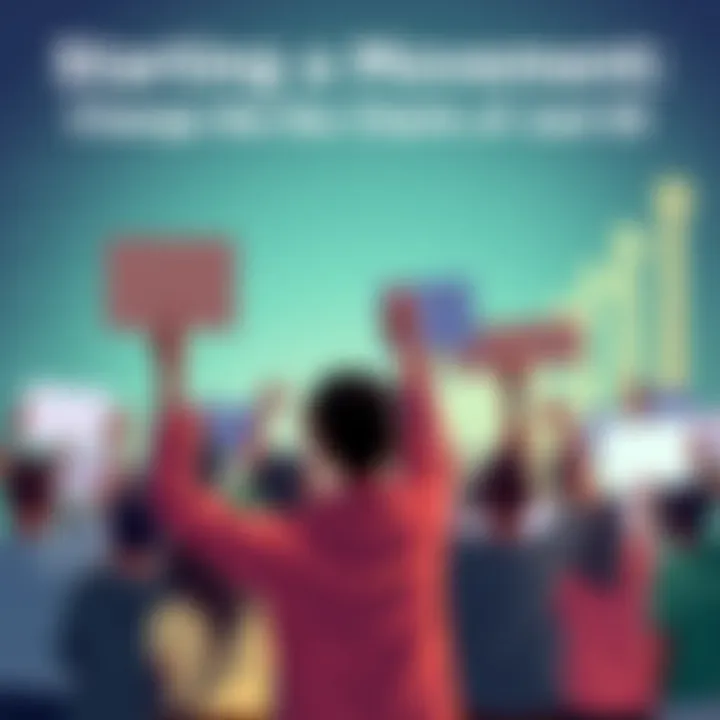 Financial Movement Illustration A group of diverse people holding signs and raising their hands in support of a financial movement, with a chart in the background showing upward trends.