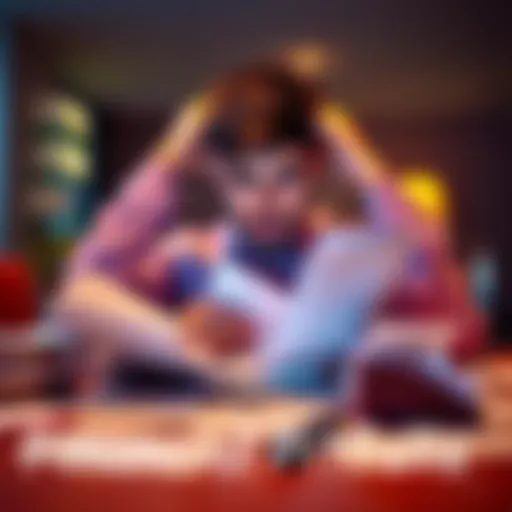 A person looking stressed while reviewing bills and credit card statements on a table, surrounded by receipts.