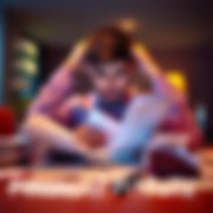 A person looking stressed while reviewing bills and credit card statements on a table, surrounded by receipts.