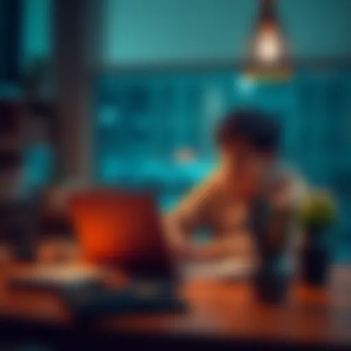 A person sitting at a table with a laptop, looking focused and determined while writing down a budget plan after losing money in investments.
