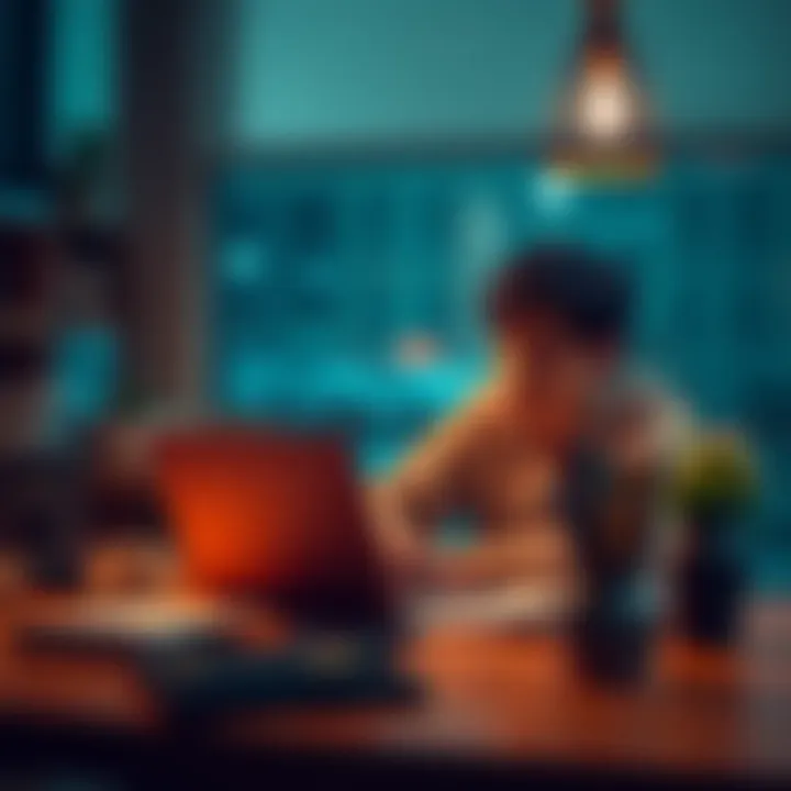 A person sitting at a table with a laptop, looking focused and determined while writing down a budget plan after losing money in investments.