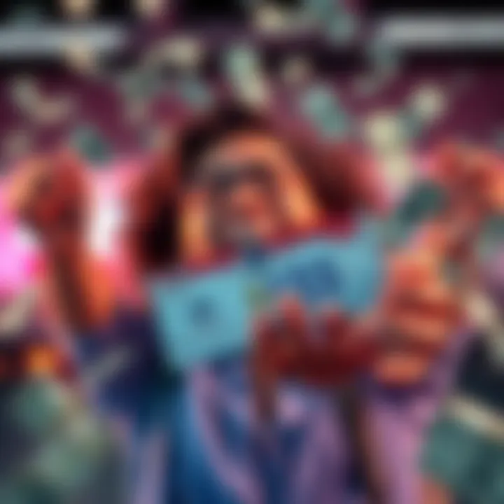 Financial Reward from Voucher A person holding a Near Legion voucher with excitement, with dollar bills in the background symbolizing the $33 reward.