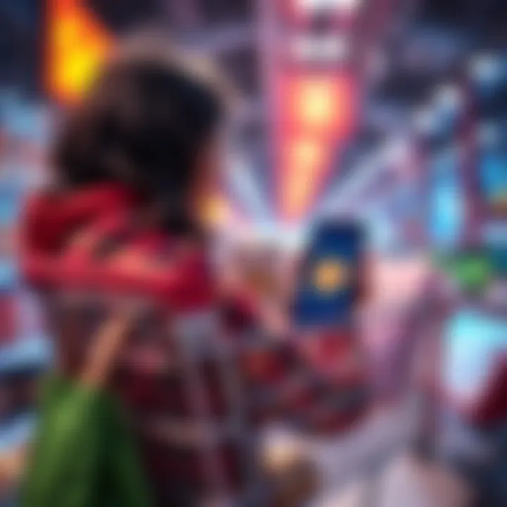 A person shopping impulsively with a shopping cart full of items, while holding a smartphone displaying Bitcoin prices.