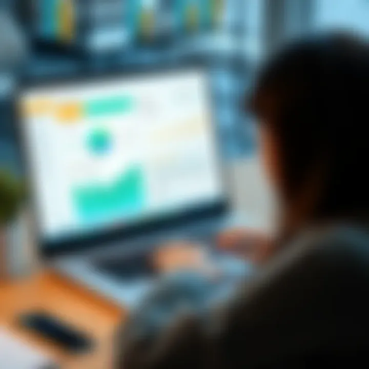 A person using a laptop to check their daily, monthly, and yearly income with financial tracking tools on screen.