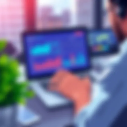 An illustration showing a person analyzing financial trends on a laptop with graphs and charts on the screen.