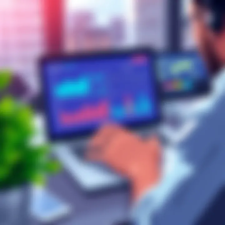 An illustration showing a person analyzing financial trends on a laptop with graphs and charts on the screen.