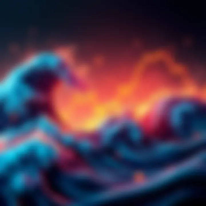 A dynamic visual representation of the unpredictable nature of the financial markets with abstract waves and currency symbols.