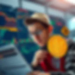 A financially savvy individual examines Bitcoin charts and data with a concerned expression, surrounded by warning signs about investment risks.