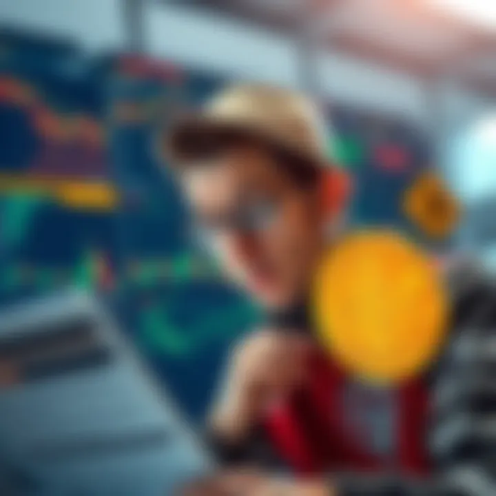 A financially savvy individual examines Bitcoin charts and data with a concerned expression, surrounded by warning signs about investment risks.