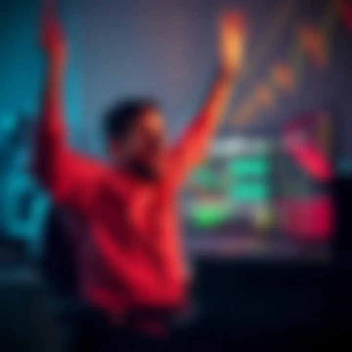 A person celebrating after successfully discovering a block in cryptocurrency with a computer showing blockchain data on the screen.