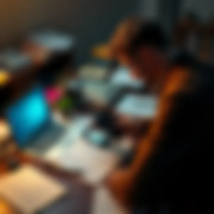 A person searching for their wallet on a desk surrounded by documents and a laptop