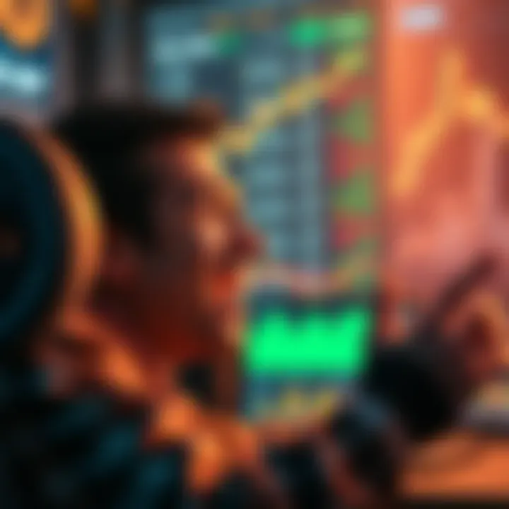 A person looking at a computer screen with a joyful expression after discovering a low-cap altcoin on Changelly, surrounded by crypto charts and tokens.