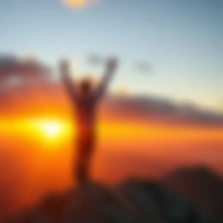 A person standing on a mountain peak with arms raised, celebrating a moment of joy and freedom during a sunrise, symbolizing embracing opportunities.