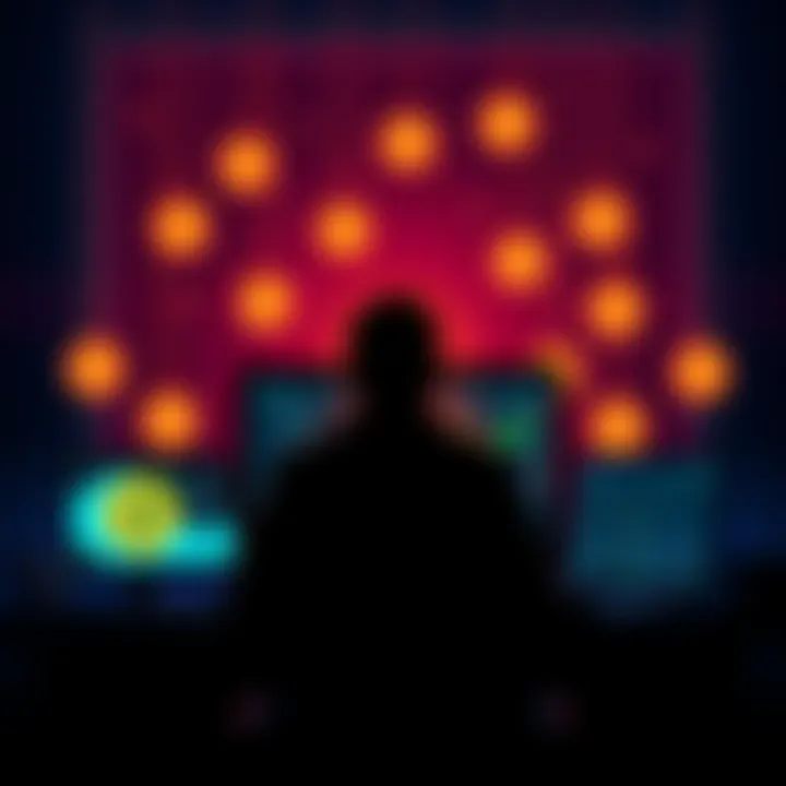 A scene from the Finding Satoshi trailer showing a silhouette of a person in front of a computer with Bitcoin symbols around them