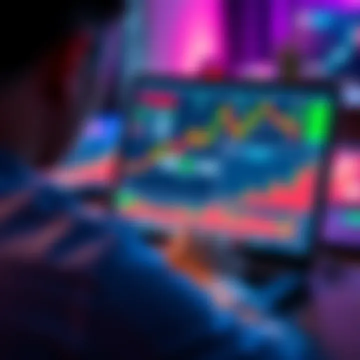 A person looking at a laptop screen displaying small-cap tokens and trading platforms with charts and graphs