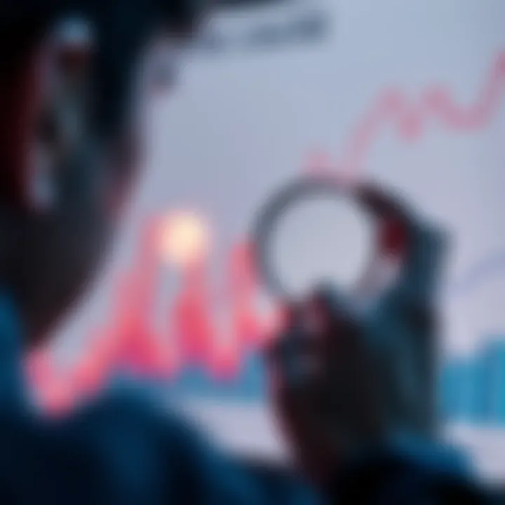 Finding the Cause A person looking at a chart with a magnifying glass, indicating analysis and discovery of an issue