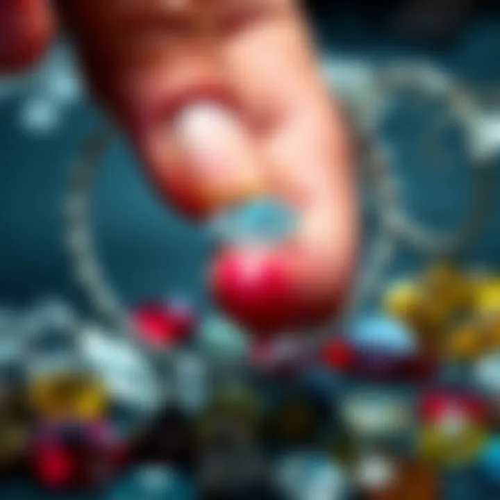 A close-up of a hand holding a sparkling diamond in front of a jewelers loop and a collection of assorted gemstones, symbolizing the search for diamonds.
