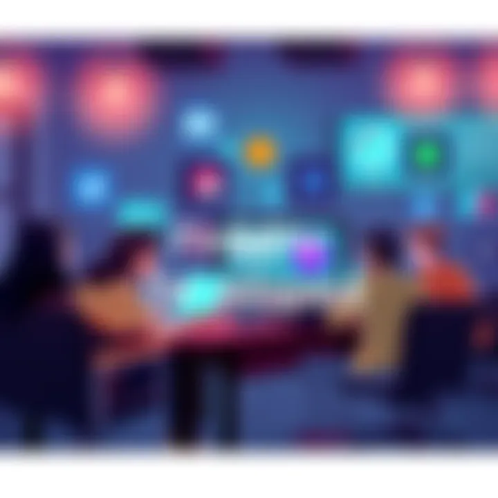 A digital illustration of people engaged in online discussions about Solidity and EVM development on various platforms like Discord and Telegram.