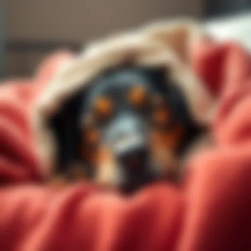 Finnegan the dog resting comfortably with a soft blanket after his neuter surgery, enjoying a few treats nearby.