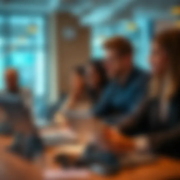 A group of people brainstorming creative names for a fintech hackathon, with laptops and notes in a modern workspace