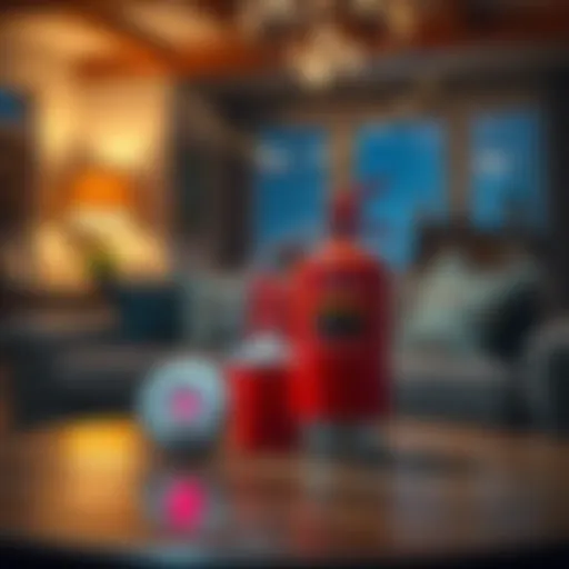 A smoke alarm and a fire extinguisher placed on a table in a cozy living room, symbolizing home fire safety.