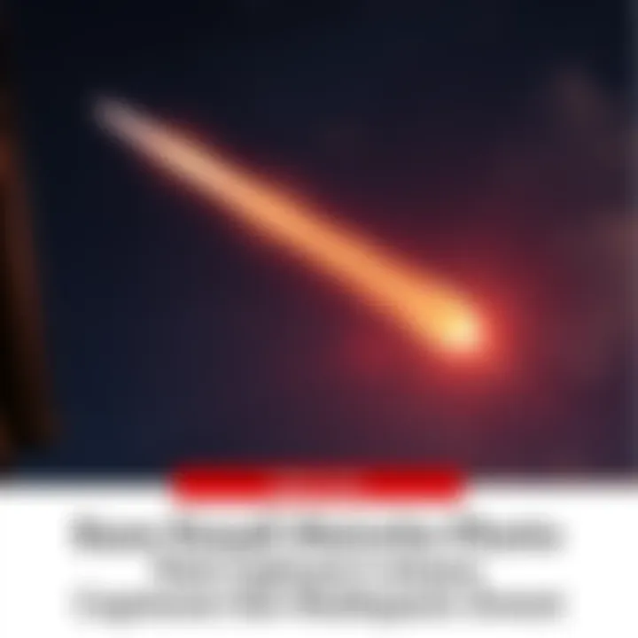 A bright fireball meteorite streaking across a dark sky, leaving a glowing trail behind