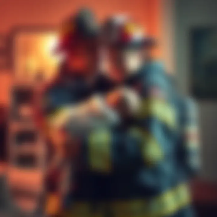 A firefighter in uniform hugs his wife and newborn at home, showcasing the emotional struggle of balancing work and family life.