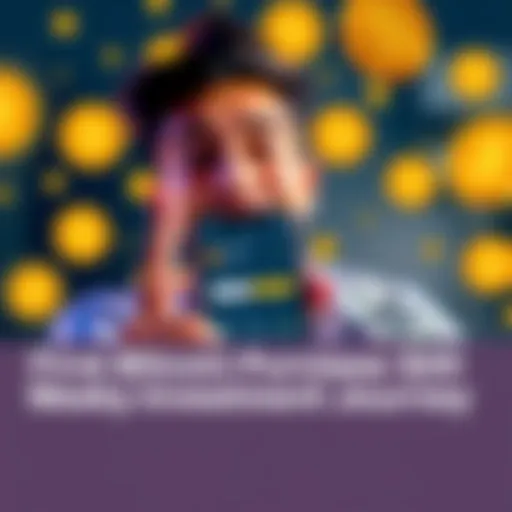 First Bitcoin Purchase Journey A person excitedly holding a smartphone displaying their first Bitcoin purchase on CoinSpot, with a backdrop of cryptocurrency symbols and a $20 bill, representing their investment journey.