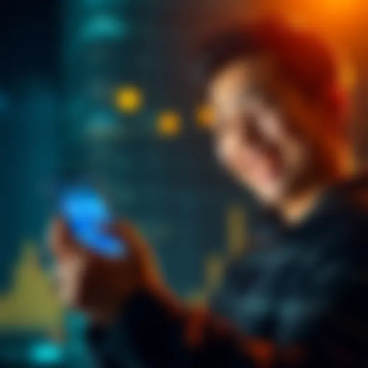 A person smiling while looking at a smartphone showing cryptocurrency prices and graphs, symbolizing excitement about their first purchase.