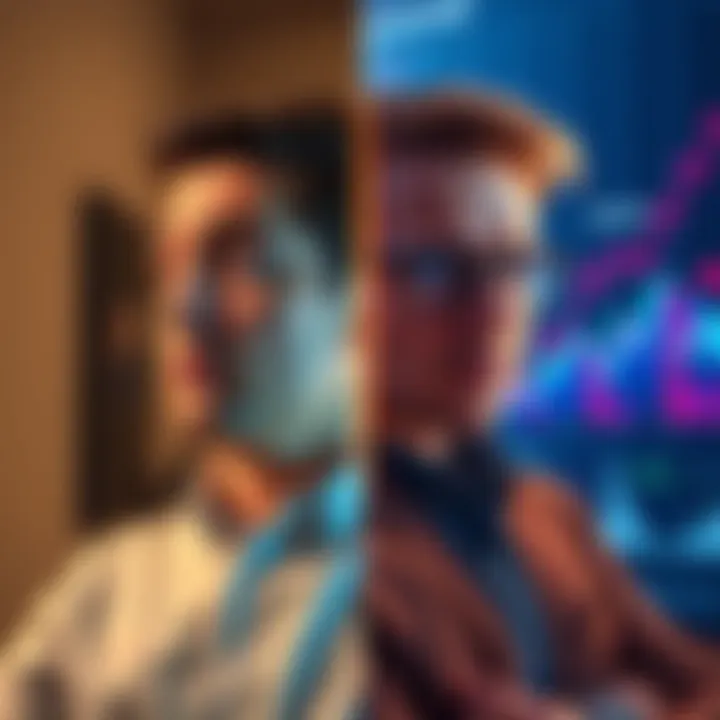 A split image showing a confused person on their first day in crypto and a confident person with charts and graphs after three years.