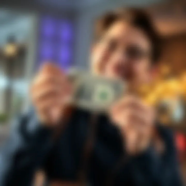 A person happily holding a dollar bill with a smile, celebrating their achievement of earning money for the first time after 21 days of hard work.