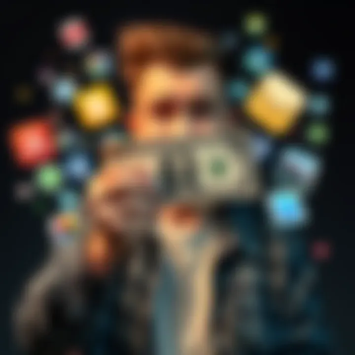 A person happily holds a dollar bill, surrounded by images of app icons representing their earnings and properties, with a frustrated look at a long ad on a phone screen.