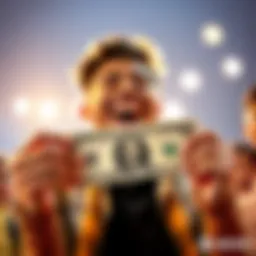 A person joyfully holding a dollar bill with a big smile, representing a new financial milestone.