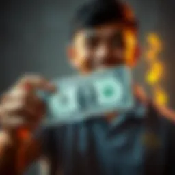 A person holding a dollar bill with a smile, celebrating their first earning milestone.