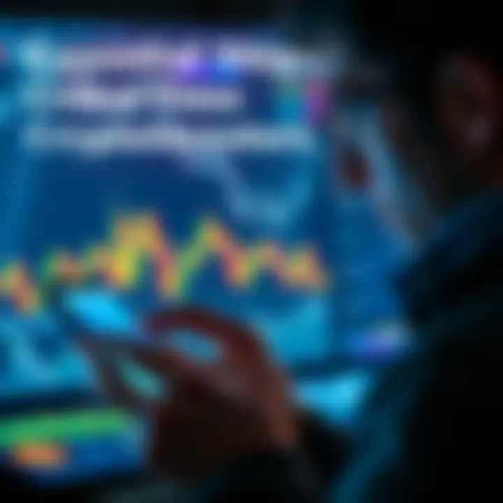 A person looking at cryptocurrency apps on a smartphone, with charts and graphs visible on the screen, symbolizing crypto investment guidance.