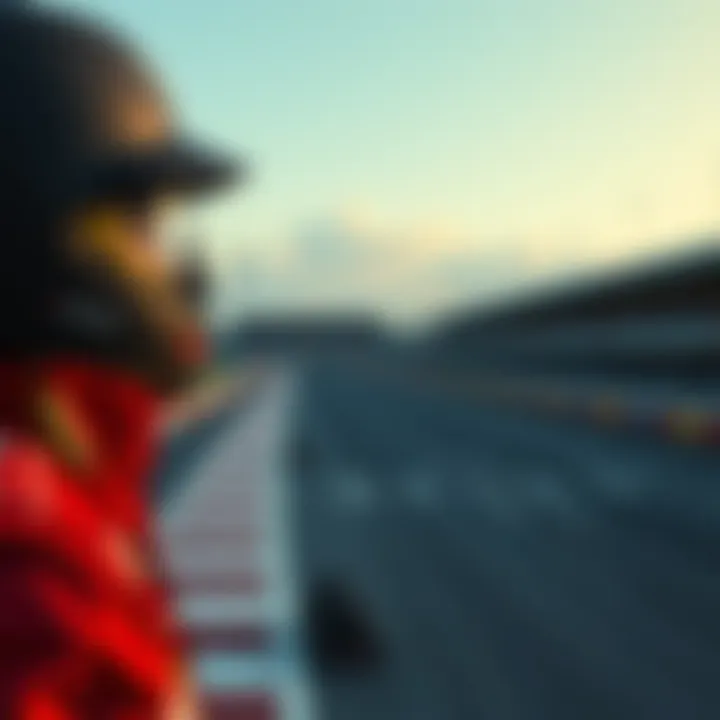 A first-time racer looks contemplatively at an empty racetrack, embodying the challenges of competitive racing.