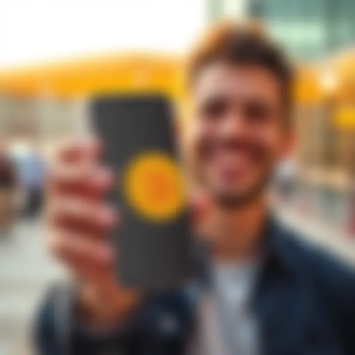 First Bitcoin Purchase Celebration A person happily holding a smartphone displaying a Bitcoin logo, symbolizing their first purchase of cryptocurrency.