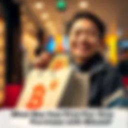 A person smiling while holding a shopping bag with Bitcoin symbols, representing their first purchase with Bitcoin.