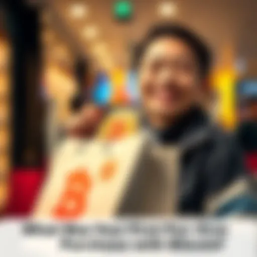 A person smiling while holding a shopping bag with Bitcoin symbols, representing their first purchase with Bitcoin.