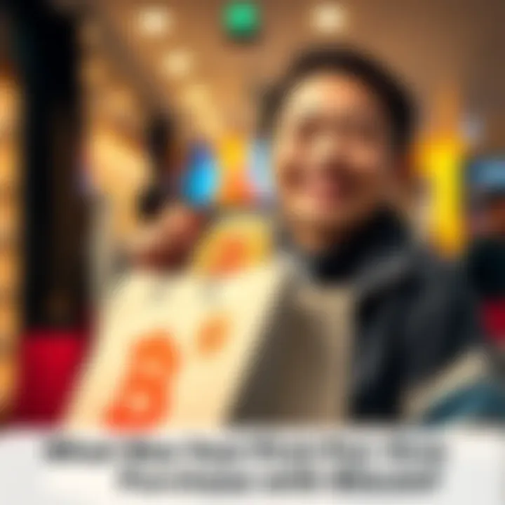 A person smiling while holding a shopping bag with Bitcoin symbols, representing their first purchase with Bitcoin.