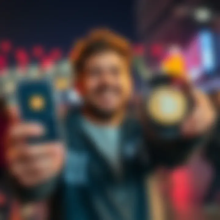 A happy person celebrating their first Bitcoin purchase, holding a smartphone showing cryptocurrency details.