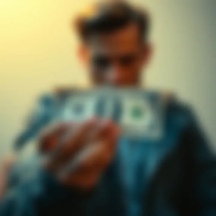 Person holding their first dollar, contemplating whether to spend it or save it for future use.