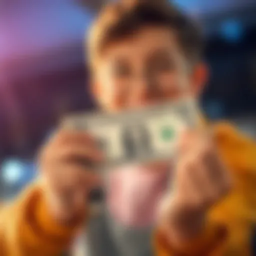 A person holding their first dollar bill with a big smile, symbolizing financial success and joy.