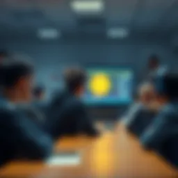 First Introduction to Bitcoin A student in a classroom looking at a computer screen displaying Bitcoin information while classmates are engaged around them.
