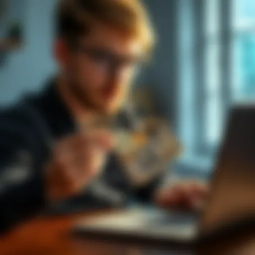 First-Time Crypto Investment A beginner looking at various cryptocurrencies on a laptop while holding $200 cash