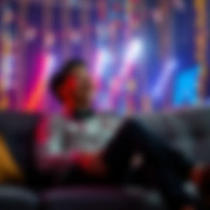 New experience of getting high A person sitting on a couch, laughing and enjoying their first experience getting high with colorful lights in the background