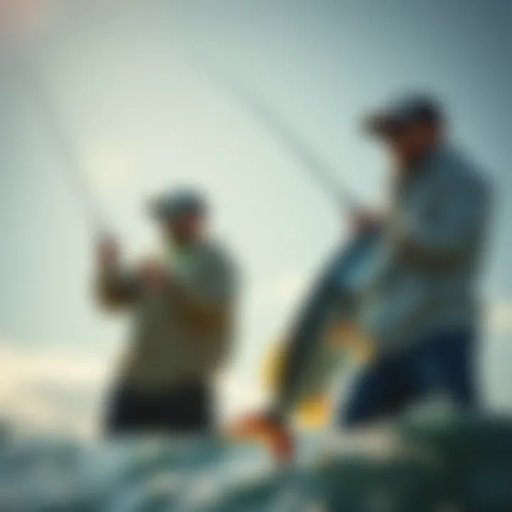 Two competitors in a fishing competition casting their lines on a sunny day, focused on catching the largest fish.